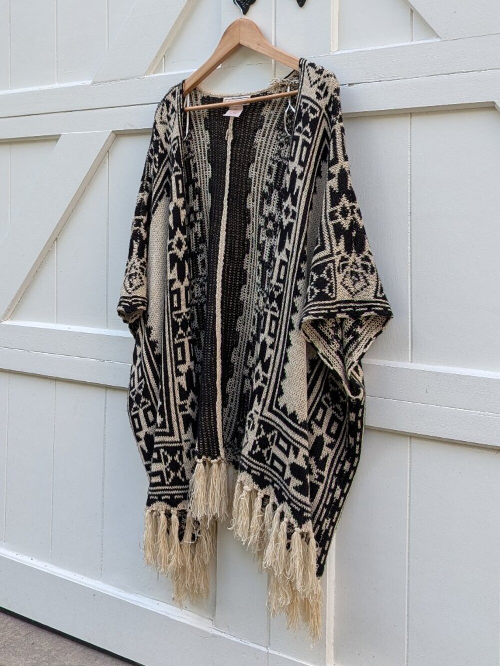 Flying Tomato Cream Black Southwestern Geometric Fringe Open Front Poncho S/M